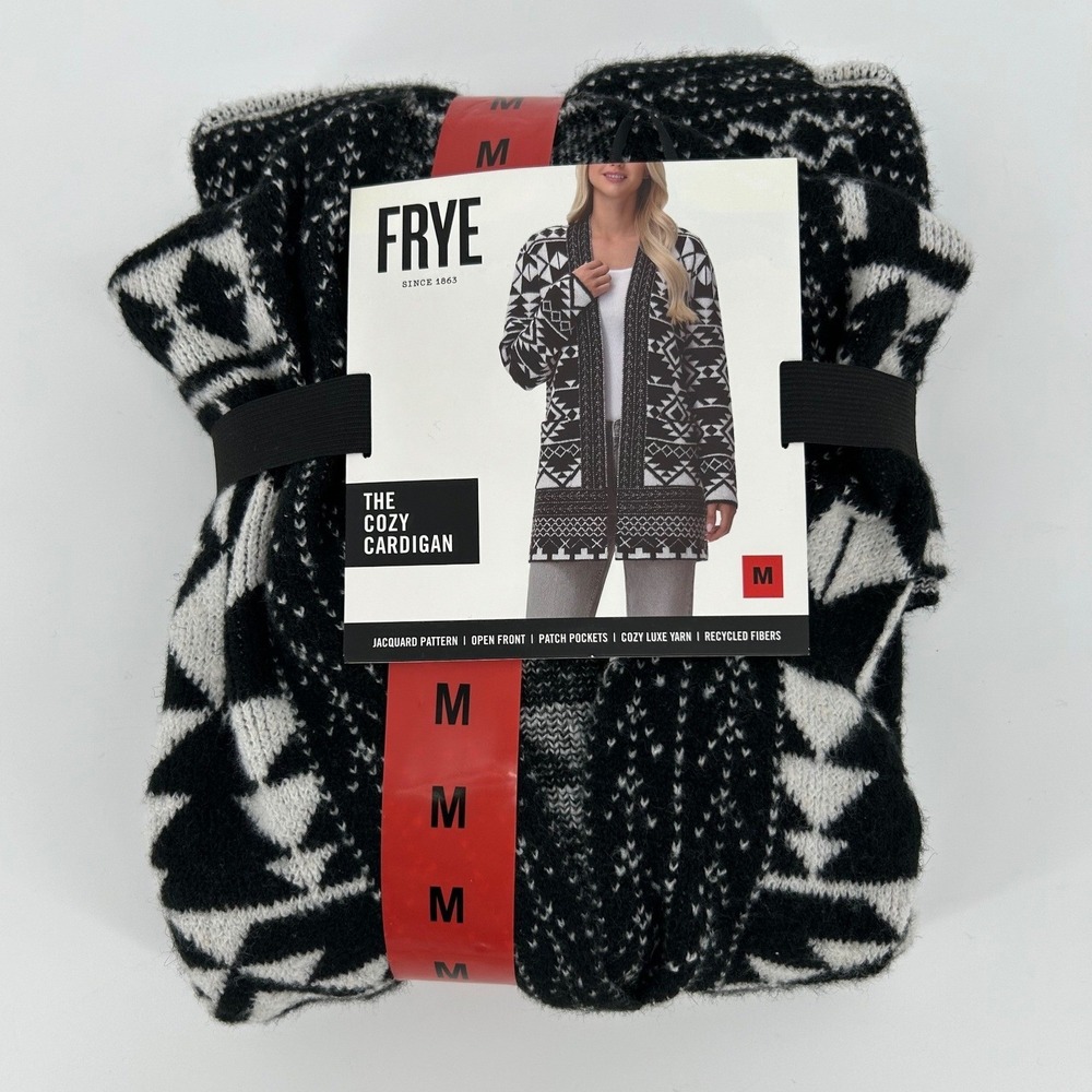 Frye Cozy Cardigan Women Medium Black NWT Jacquard Geometric Open Front Pockets